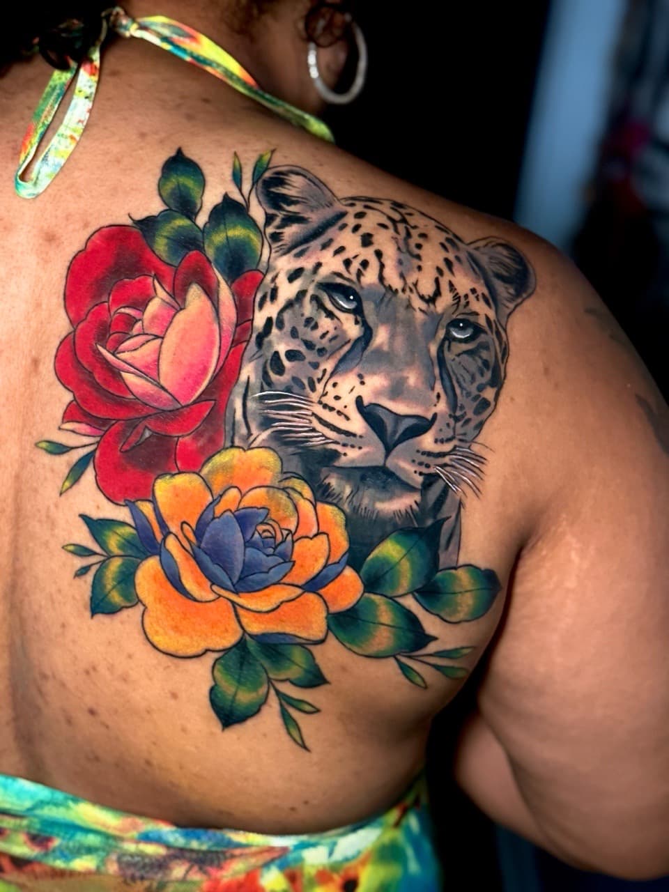 Color + Illustrative leopard tattoo on Shoulder Blade by Ria_Rabitt on TattMe