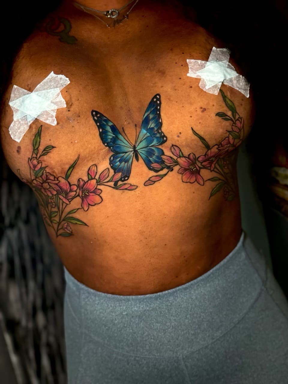 Floral + Color butterfly tattoo on Chest by Ria_Rabitt on TattMe