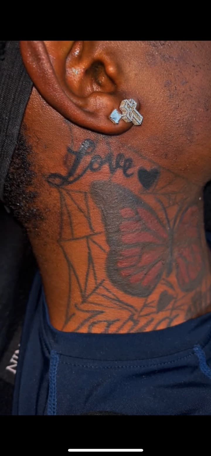 Lettering + Script butterfly tattoo on Neck (Side) by JayInkzTattoos on TattMe