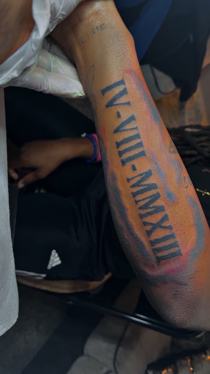 Lettering + Script roman numerals tattoo on Forearm by JayInkzTattoos on TattMe