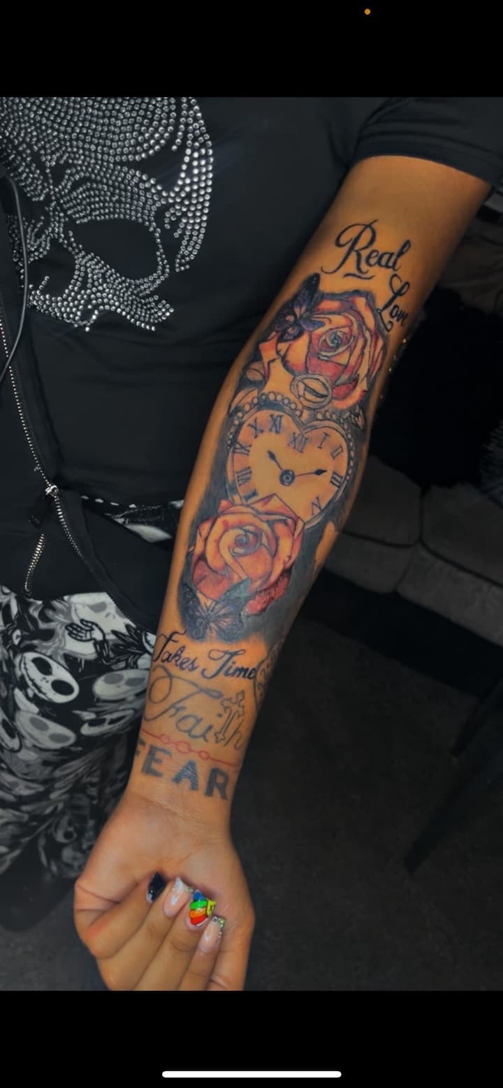 Color + Floral roses tattoo on Forearm by JayInkzTattoos on TattMe
