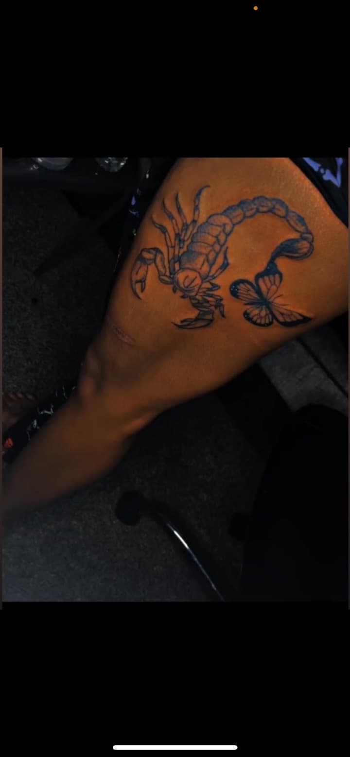 Black & Grey + Illustrative scorpion tattoo on Thigh by JayInkzTattoos on TattMe