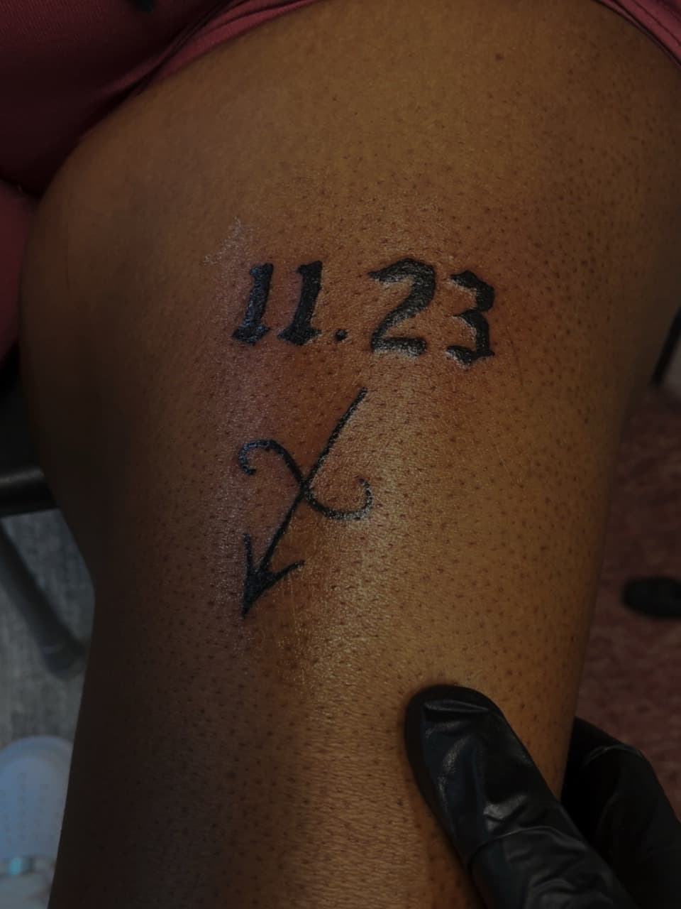 Lettering + Script numbers tattoo on Thigh by JayInkzTattoos on TattMe