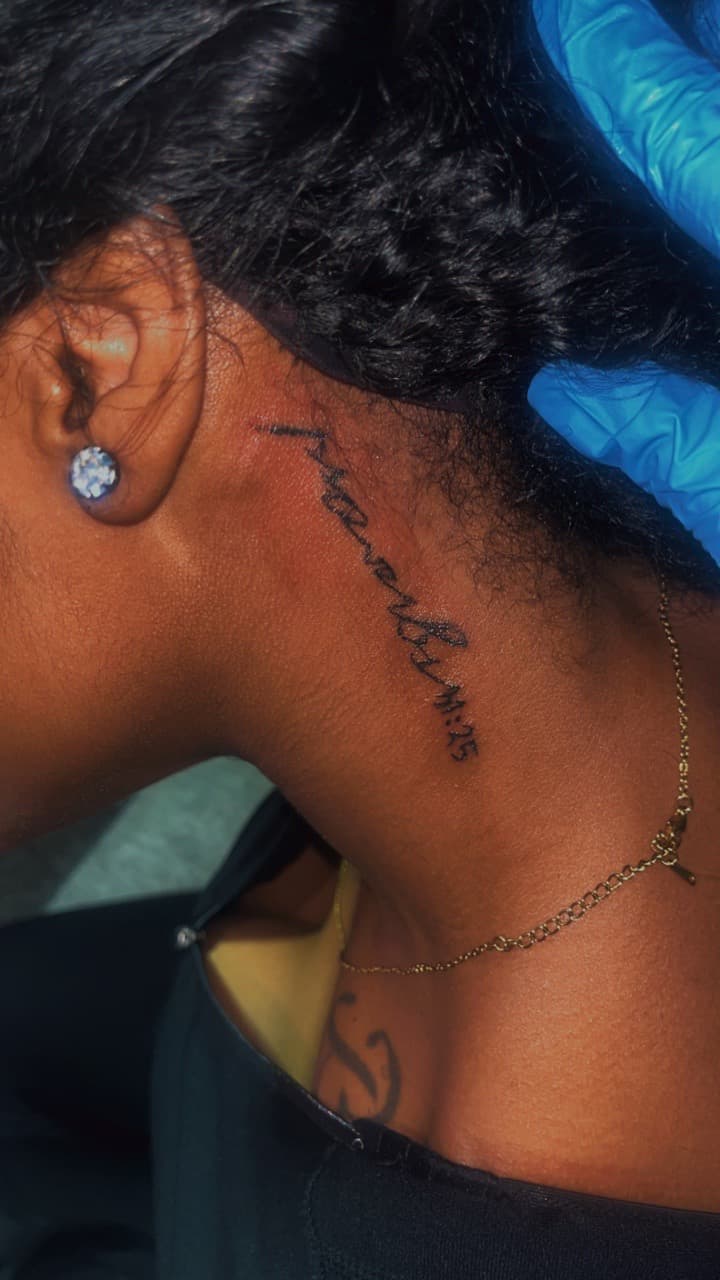 Lettering + Script numbers tattoo on Neck (Side) by JayInkzTattoos on TattMe