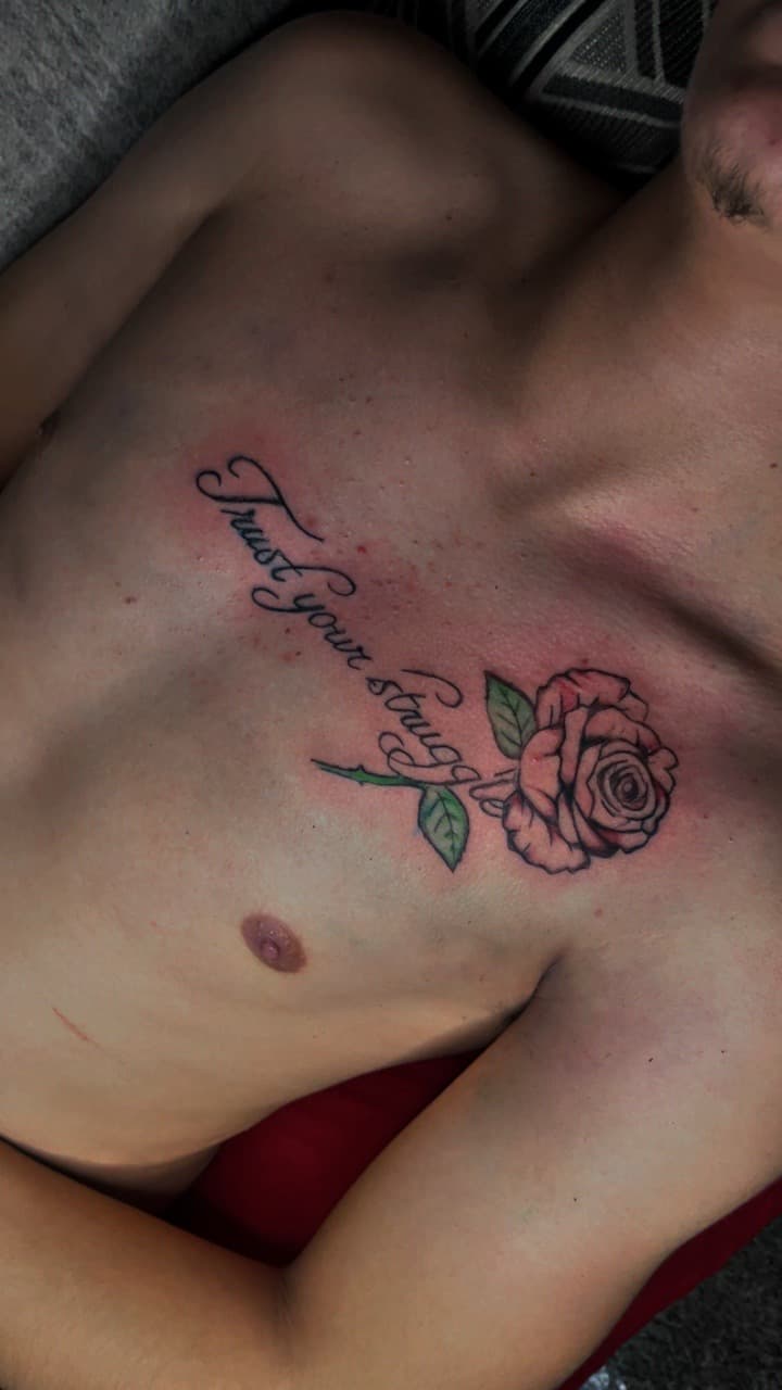 Floral + Lettering rose tattoo on Chest by JayInkzTattoos on TattMe