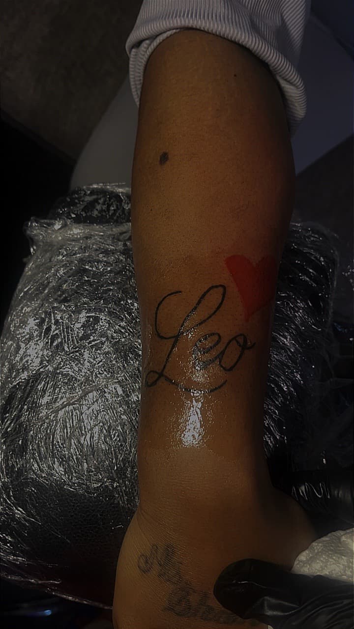 Script + Lettering leo tattoo on Calf by JayInkzTattoos on TattMe