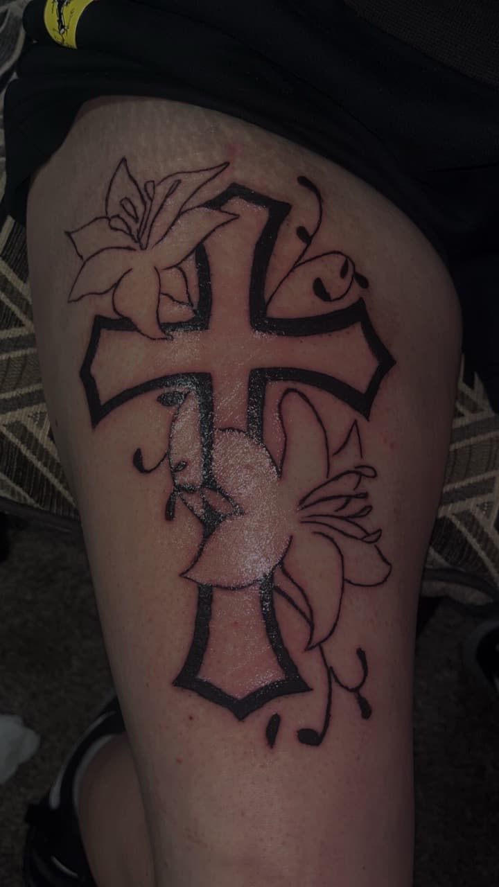 Line-work + Floral cross tattoo on Thigh by JayInkzTattoos on TattMe