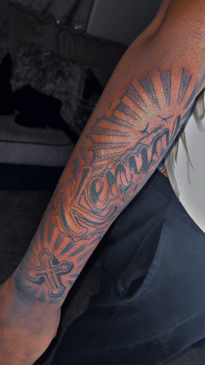 Lettering + Script name tattoo on Half Sleeve by JayInkzTattoos on TattMe