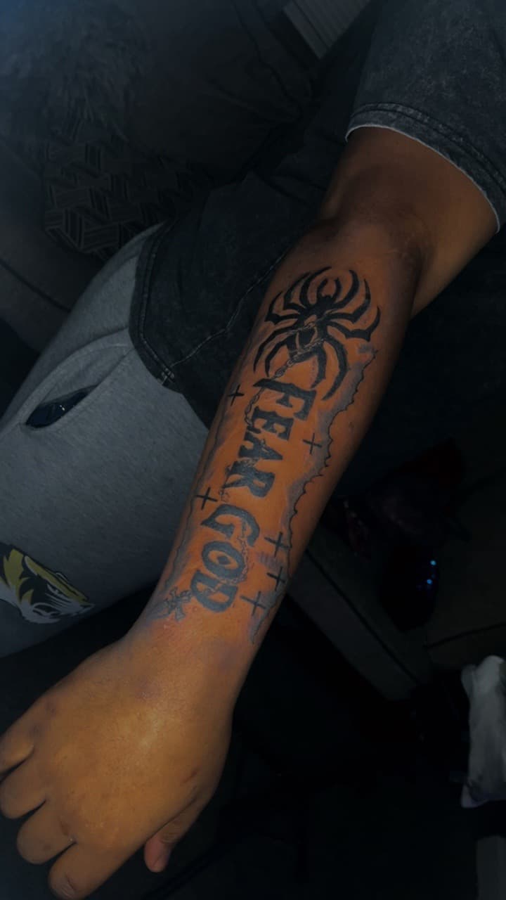 Black & Grey + Lettering spider tattoo on Forearm by JayInkzTattoos on TattMe