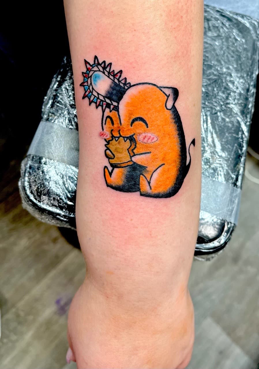 Anime + Cartoon pochita tattoo on Forearm by graypaint on TattMe
