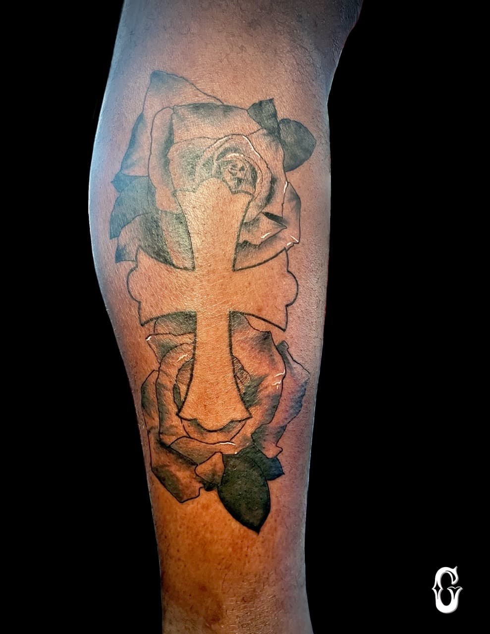 Black & Grey + Floral cross tattoo on Calf by graypaint on TattMe