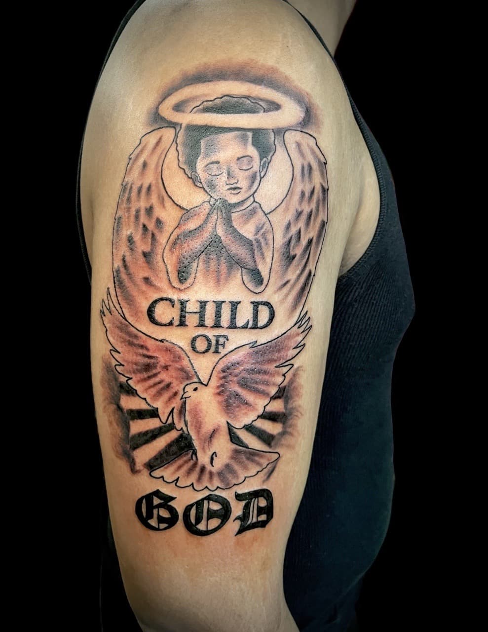 Black & Grey + Lettering angel tattoo on Upper Arm by graypaint on TattMe