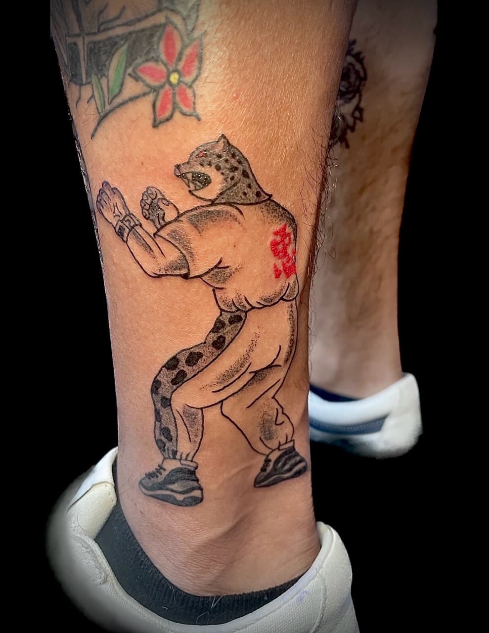 Traditional + Black & Grey leopard tattoo on Calf by graypaint on TattMe