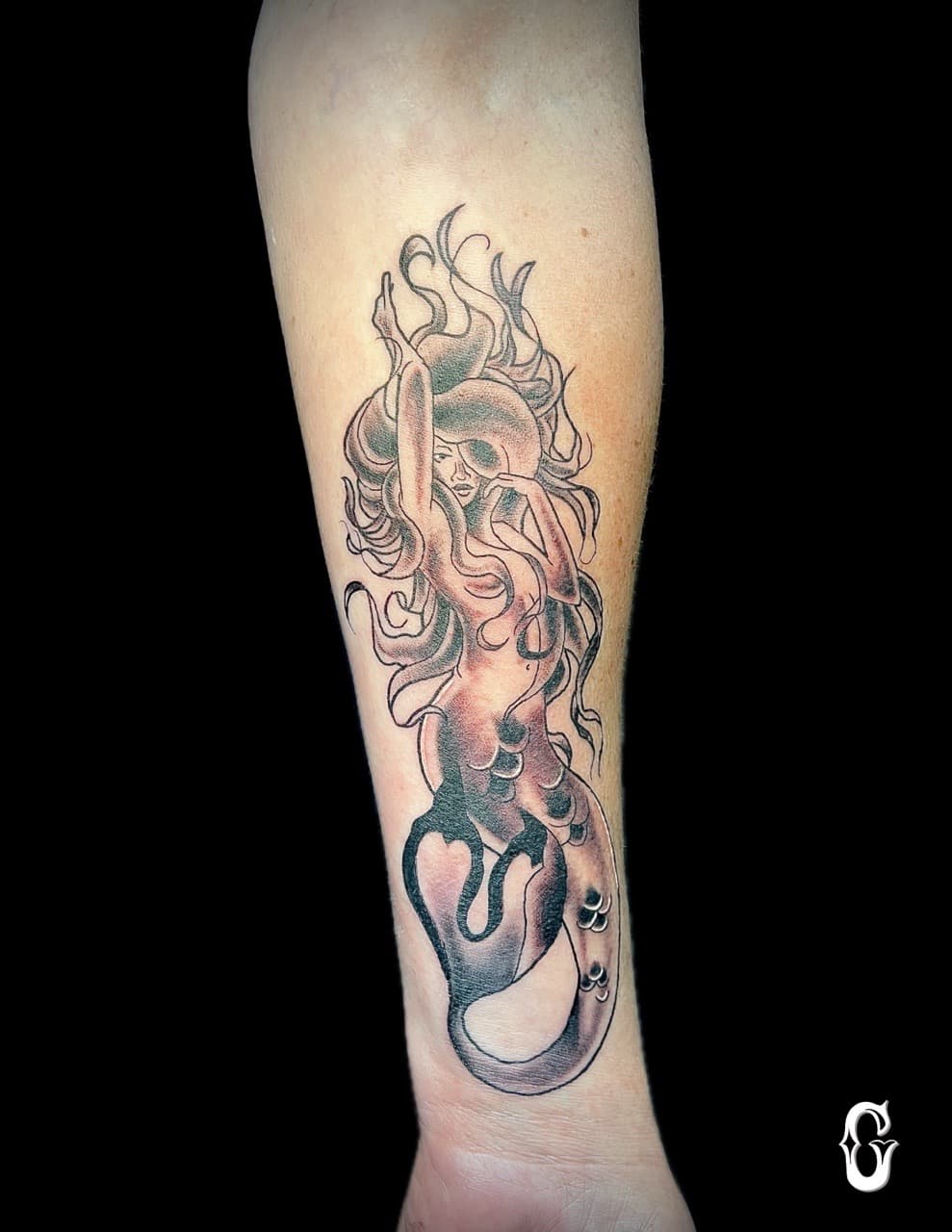 Black & Grey + Illustrative mermaid tattoo on Forearm by graypaint on TattMe
