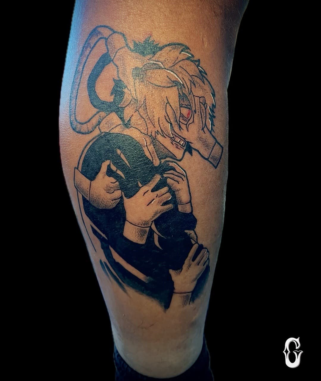 Anime + Black & Grey manga tattoo on Calf by graypaint on TattMe