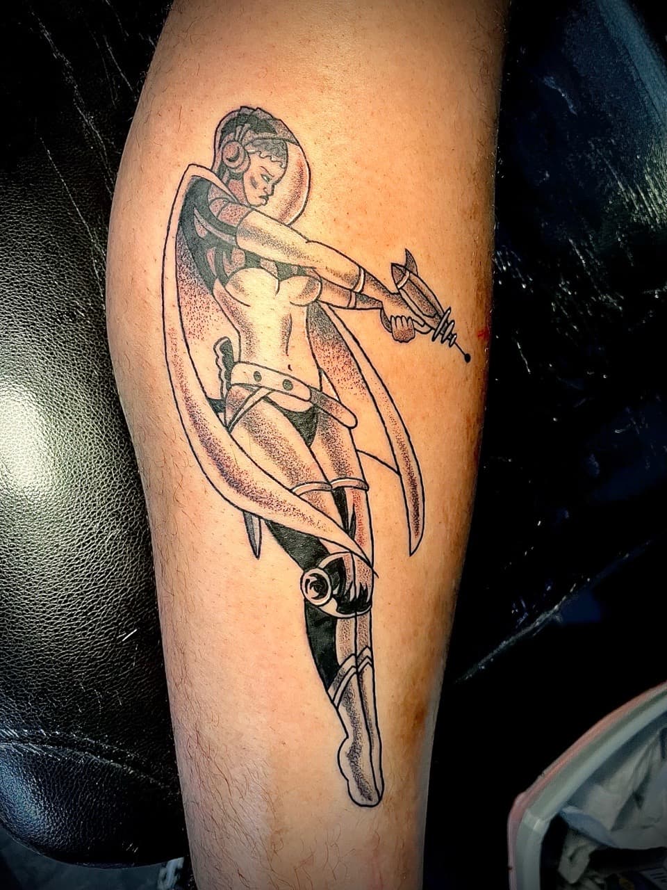 Black & Grey + Illustrative female figure tattoo on Calf by graypaint on TattMe