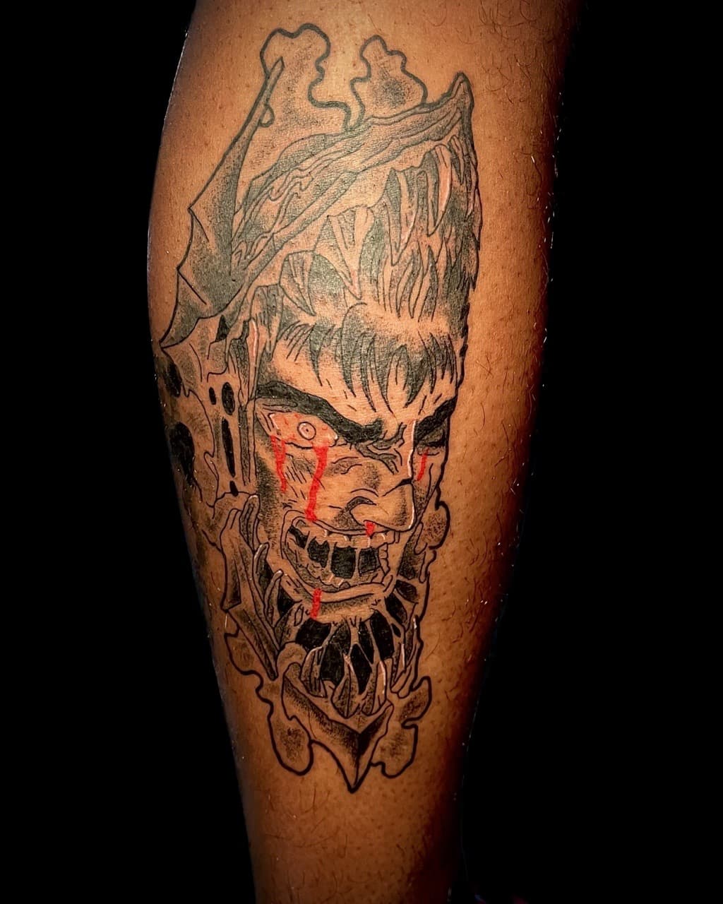 Black & Grey + Illustrative monster tattoo on Calf by graypaint on TattMe