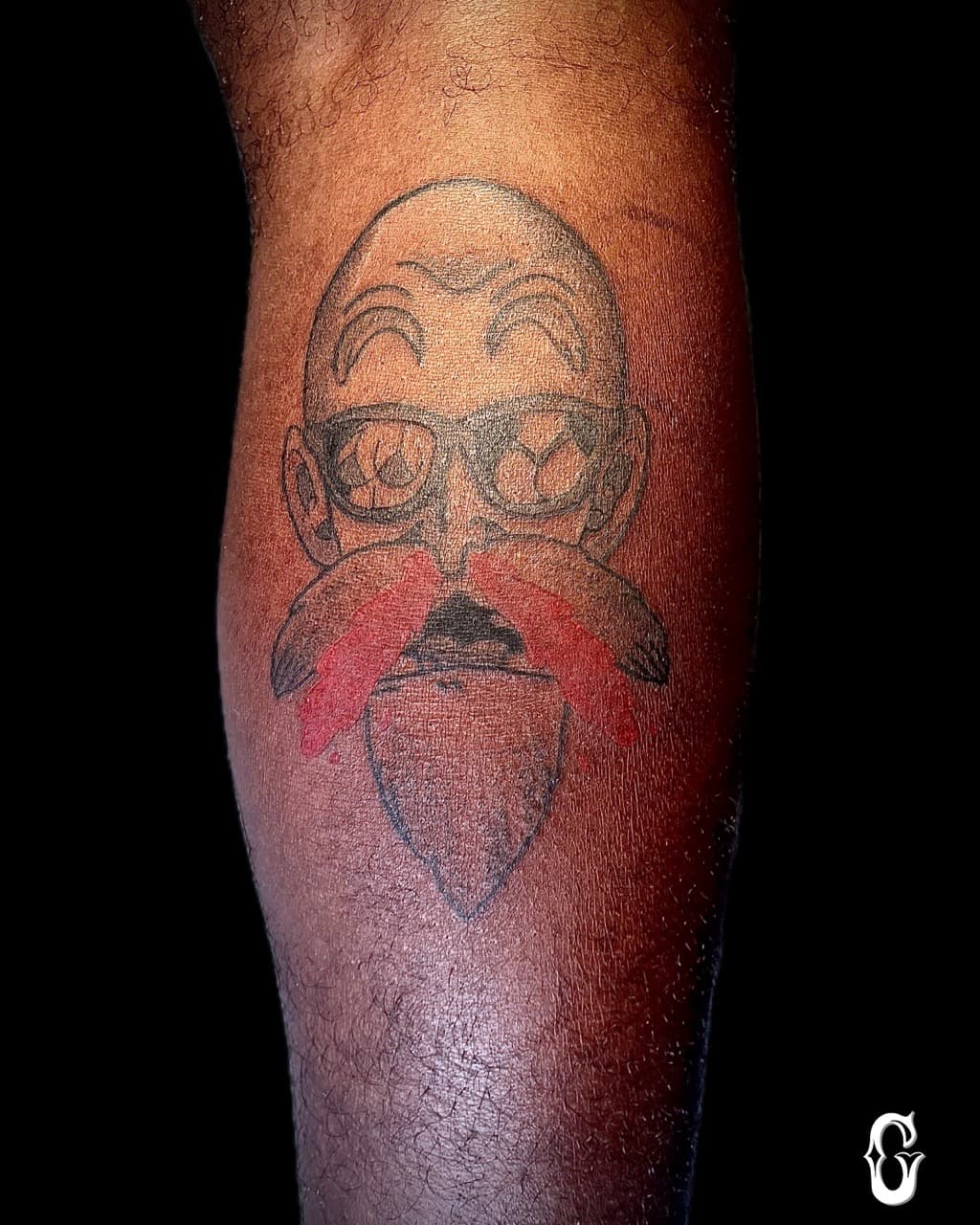 Line-work + Cartoon glasses tattoo on Calf by graypaint on TattMe