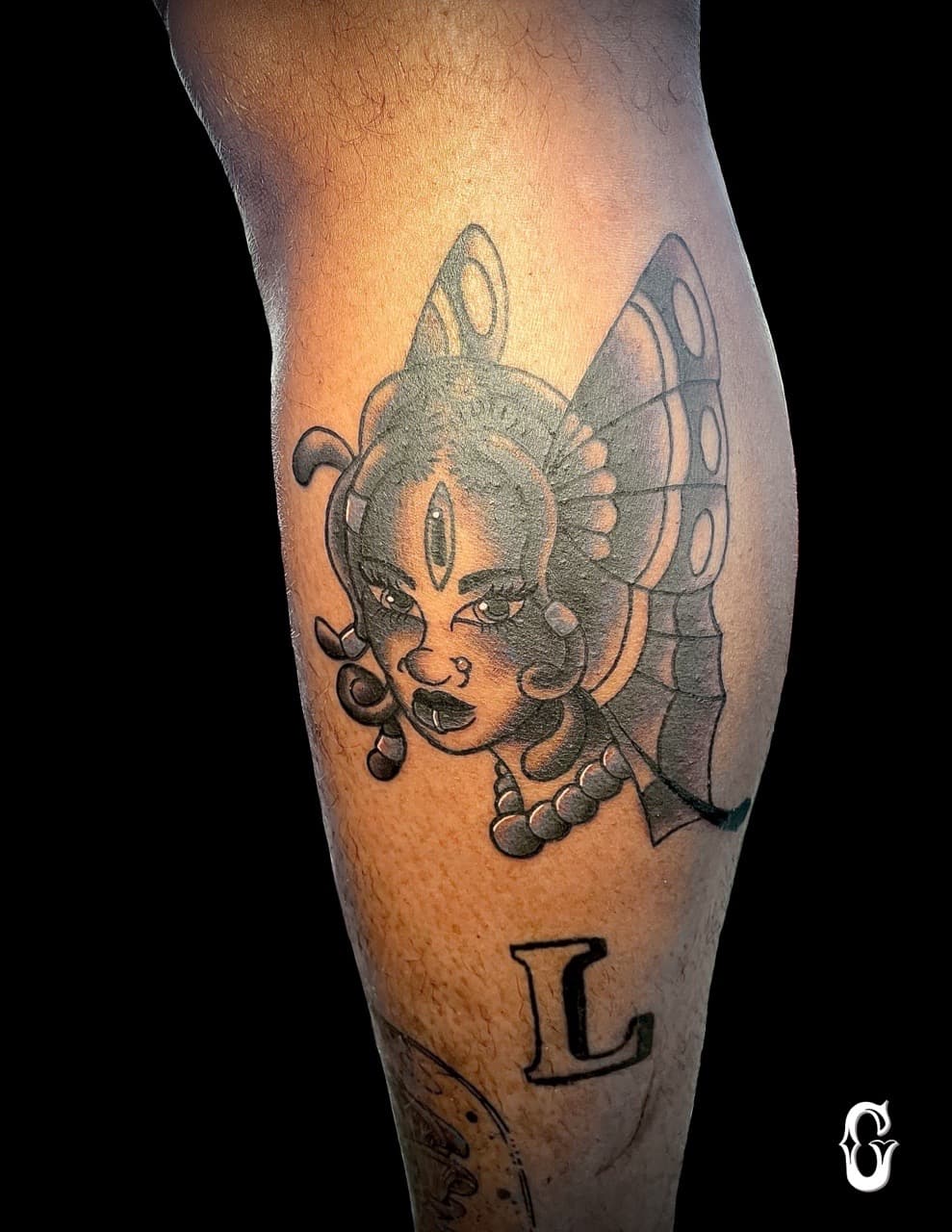 Black & Grey + Neo-Traditional woman tattoo on Calf by graypaint on TattMe