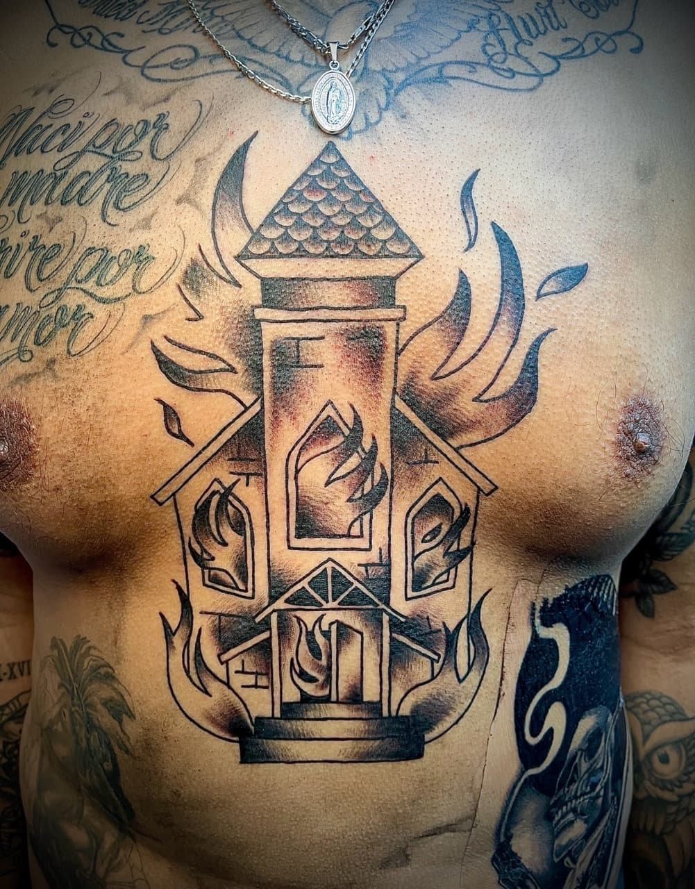Black & Grey + Illustrative church tattoo on Chest by graypaint on TattMe