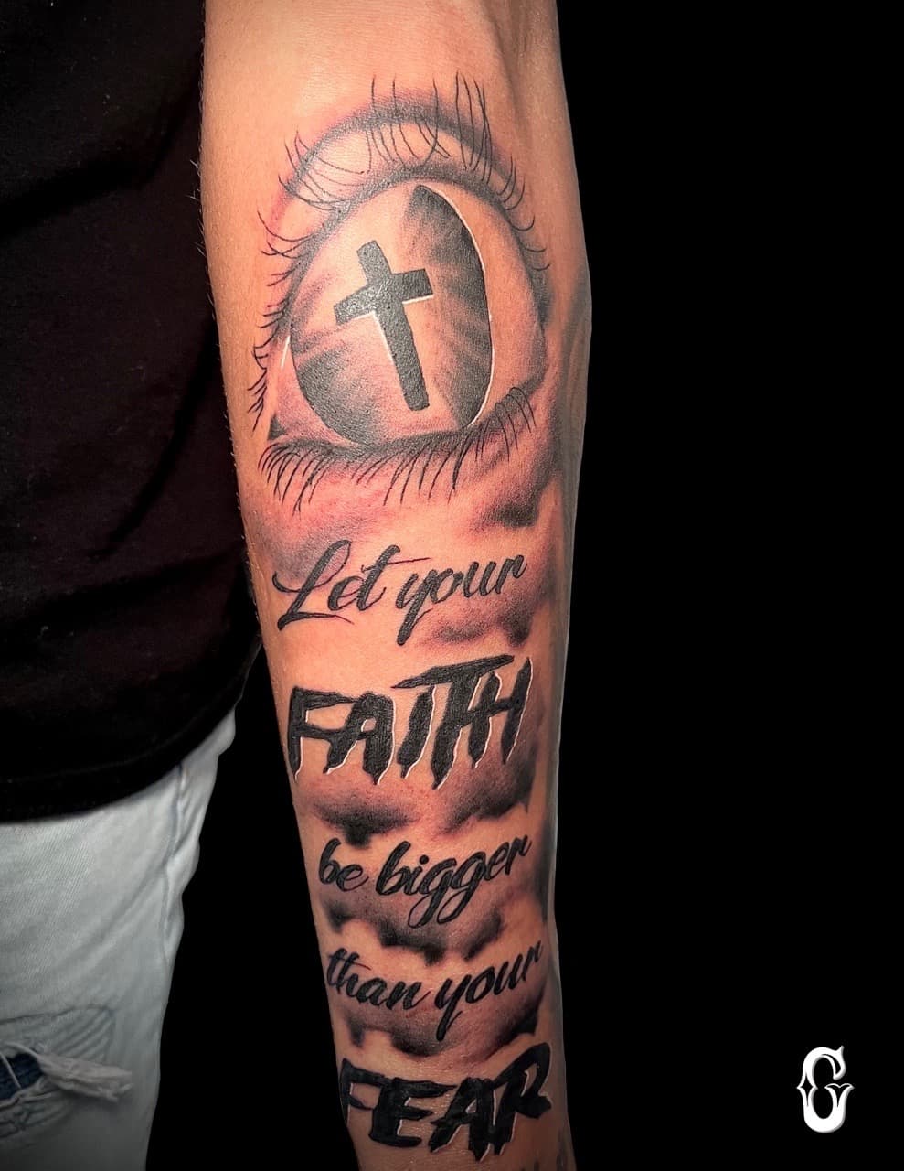 Black & Grey + Lettering eye tattoo on Forearm by graypaint on TattMe