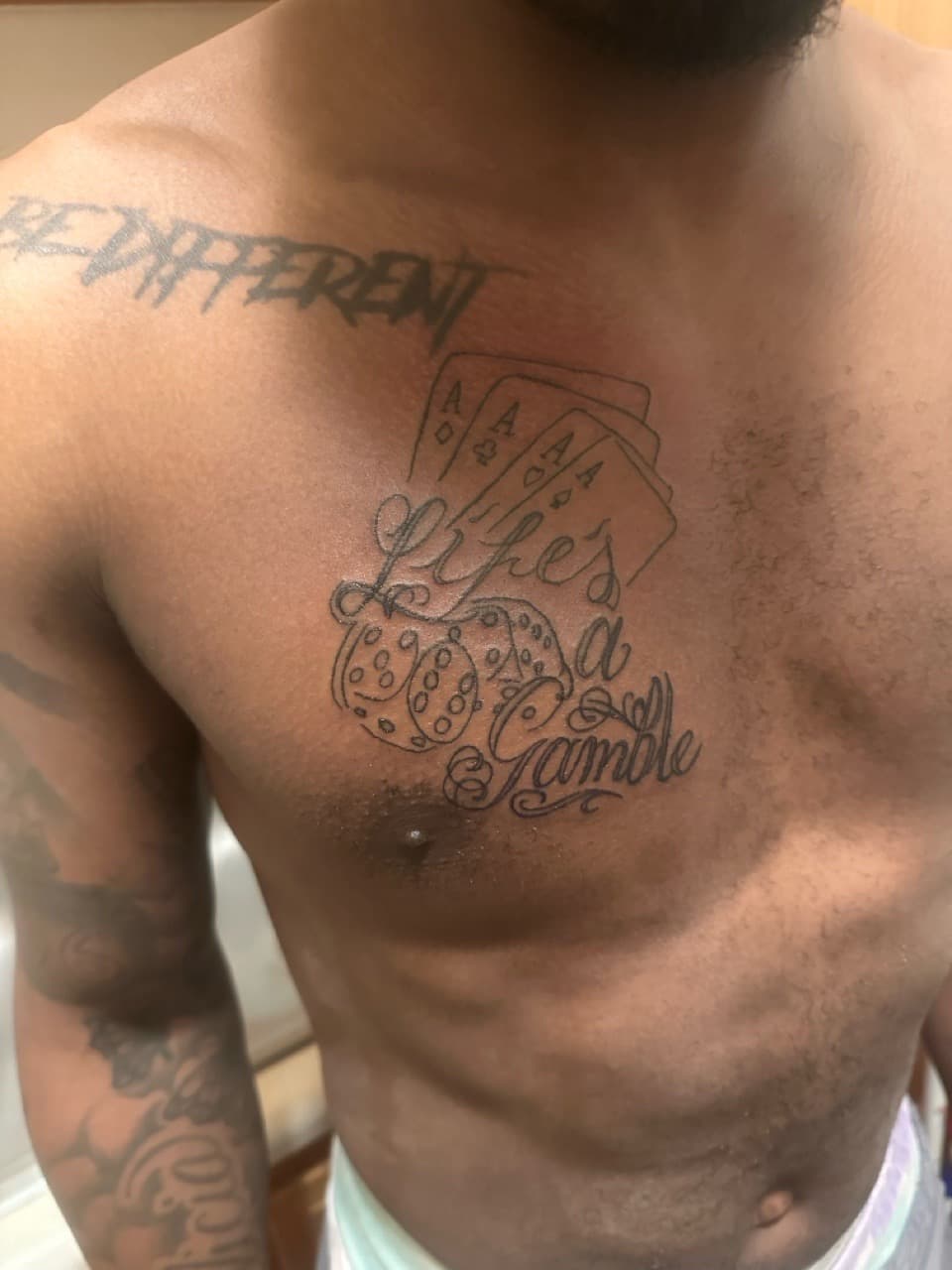 Fine Line + Black & Grey cards tattoo on Chest by TattsByBoogzz on TattMe
