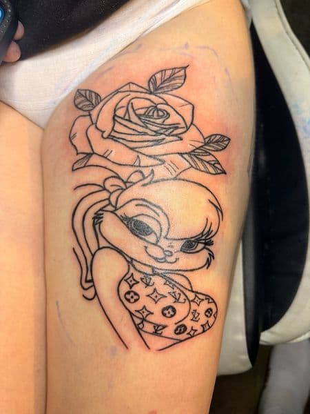Line-work + Cartoon bunny tattoo on Thigh by TattsByBoogzz on TattMe