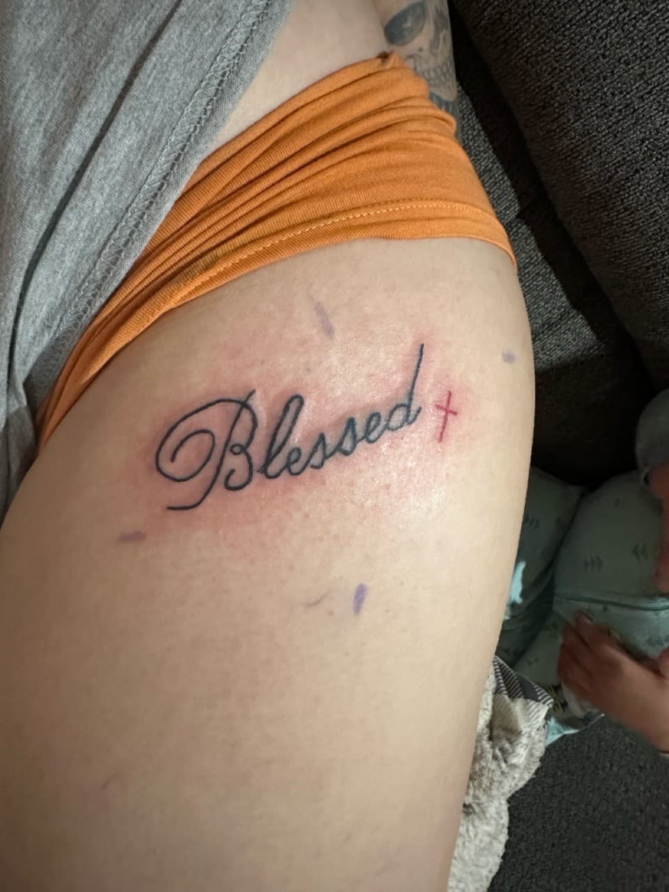 Script + Lettering blessed tattoo on Thigh by TattsByBoogzz on TattMe