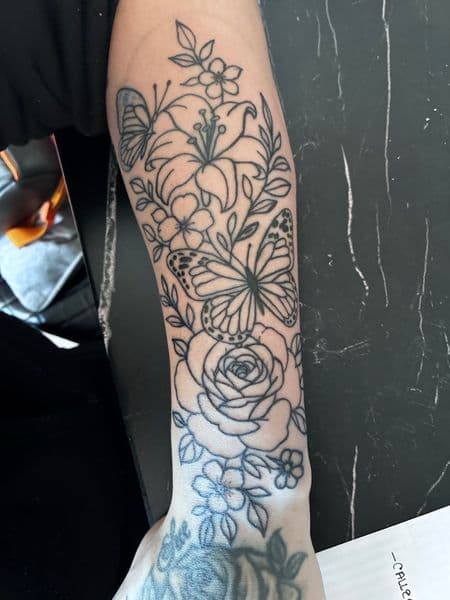Fine Line + Floral flowers tattoo on Forearm by TattsByBoogzz on TattMe