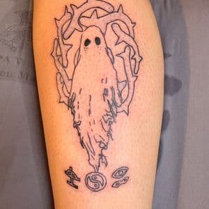 Black-work + Line-work ghost tattoo on Calf by TattsByBoogzz on TattMe