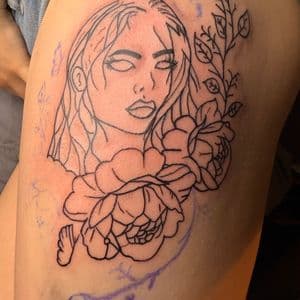 Fine Line + Line-work woman tattoo on Thigh by TattsByBoogzz on TattMe