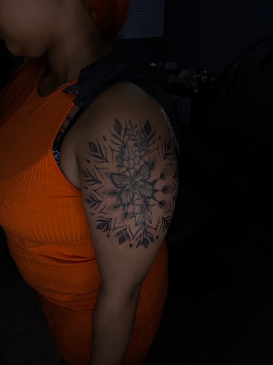 Black-work + Floral flowers tattoo on Upper Arm by Sketch_By_Lex on TattMe