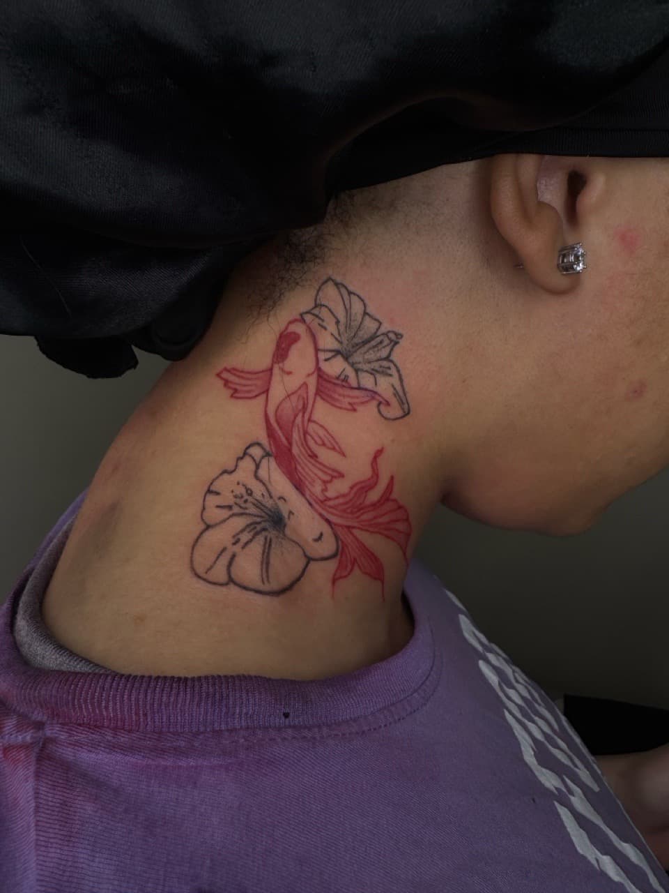 Floral + Line-work koi tattoo on Neck (Side) by Sketch_By_Lex on TattMe