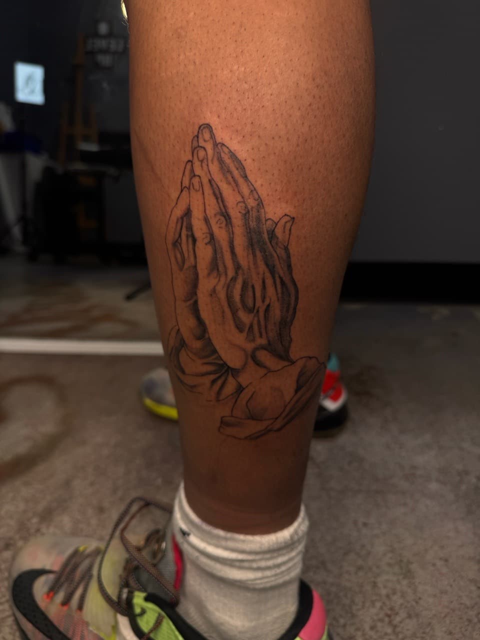 Black & Grey + Illustrative praying hands tattoo on Calf by Sketch_By_Lex on TattMe