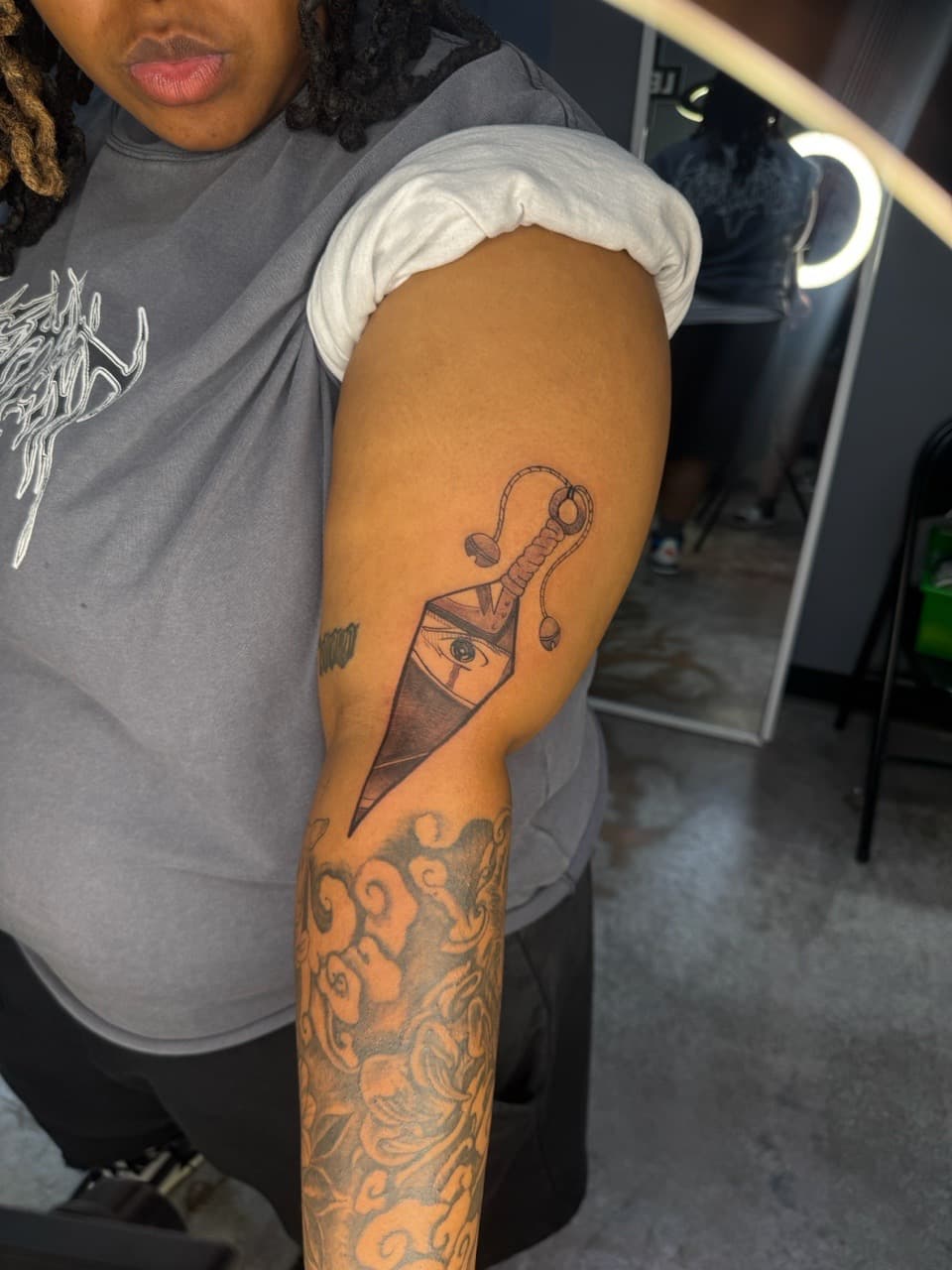 Anime + Black & Grey kunai tattoo on Half Sleeve by Sketch_By_Lex on TattMe