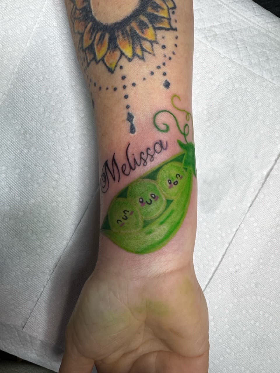 Color + Lettering peas tattoo on Forearm by Sketch_By_Lex on TattMe