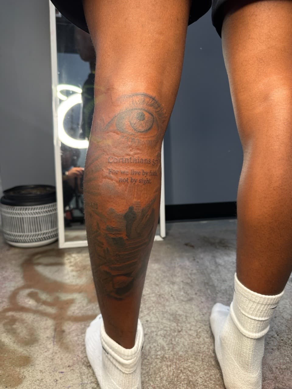 Lettering + Black & Grey eye tattoo on Calf by Sketch_By_Lex on TattMe