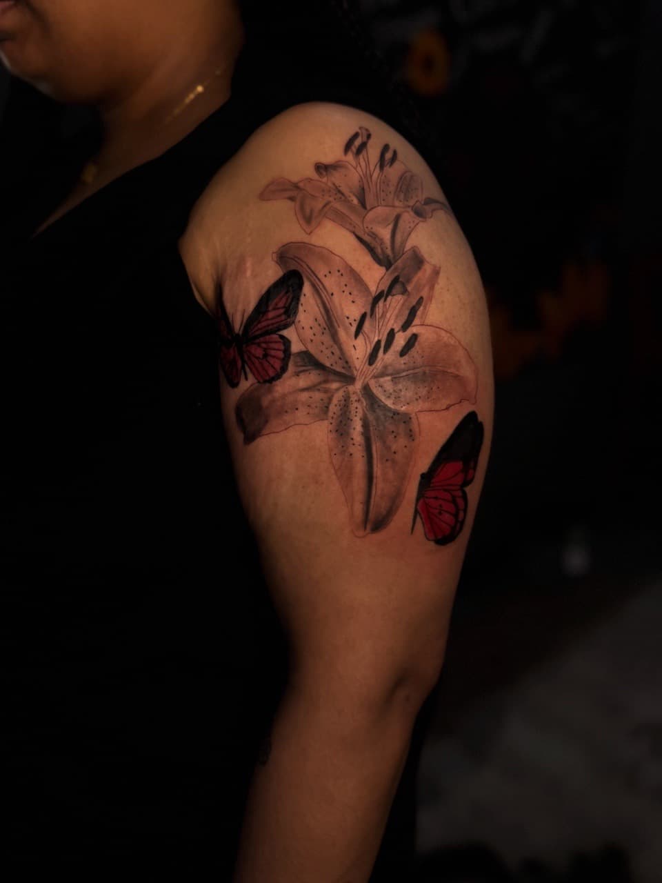 Floral + Black & Grey flowers tattoo on Upper Arm by Sketch_By_Lex on TattMe