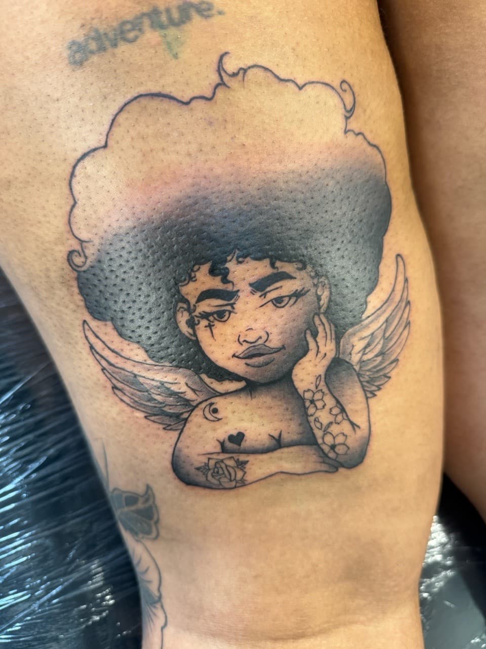 Black & Grey + Illustrative angel tattoo on Thigh by Almty_Inks on TattMe