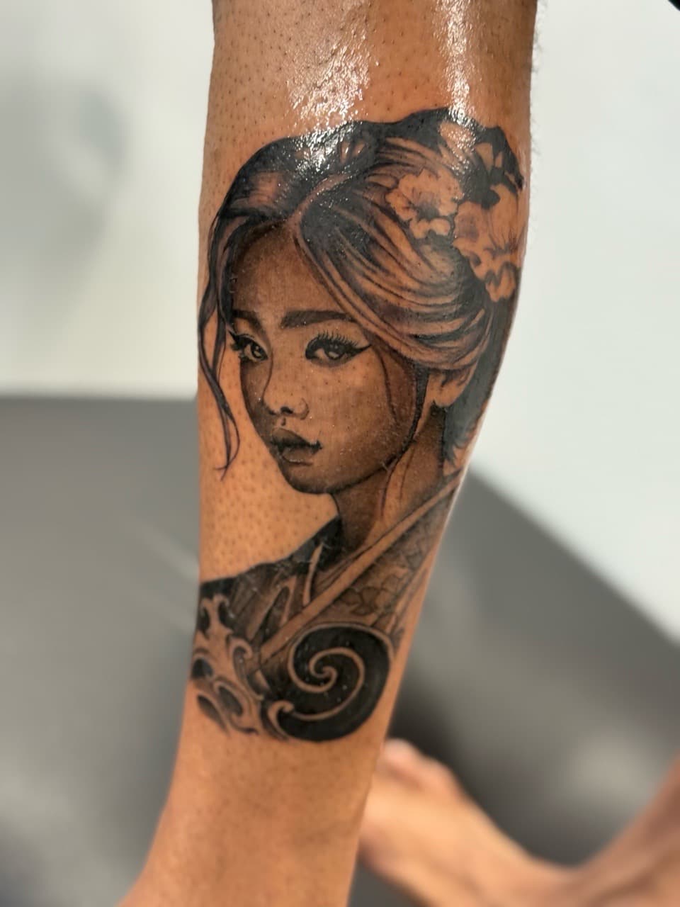 Black & Grey + Illustrative woman tattoo on Calf by Almty_Inks on TattMe