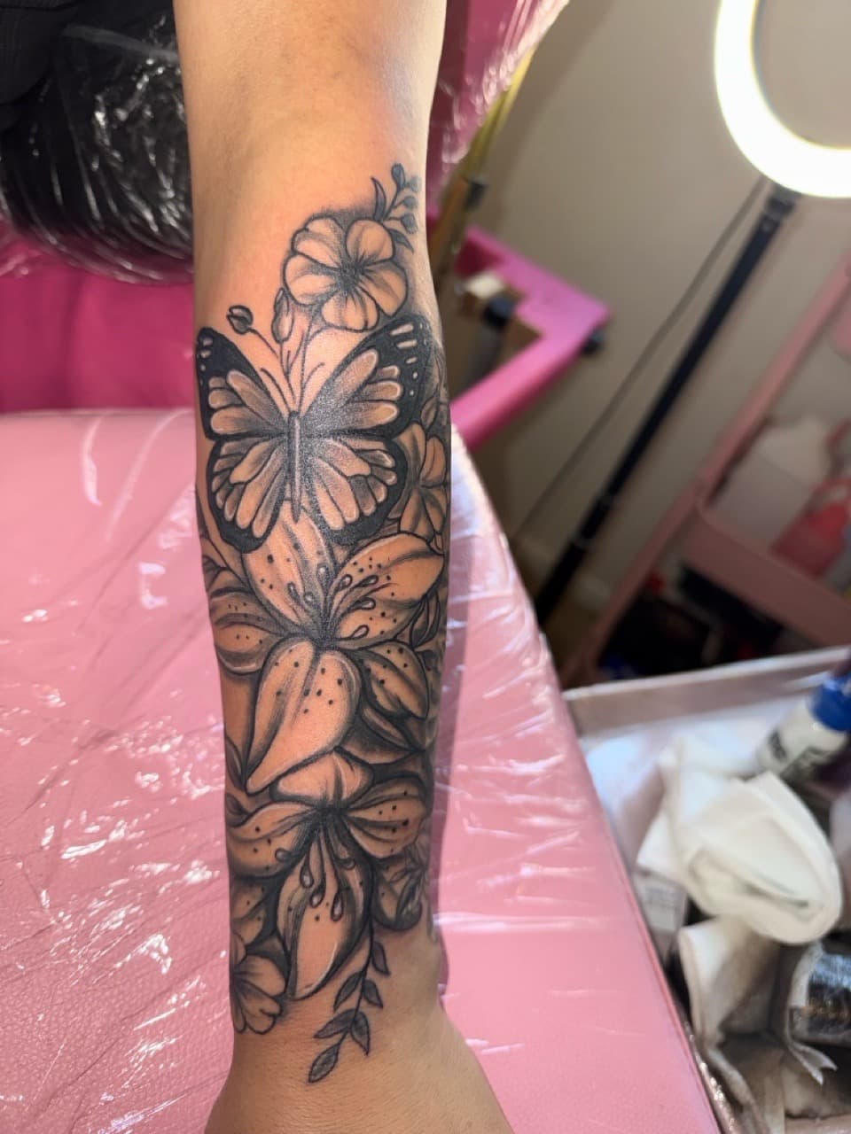 Black & Grey + Floral butterfly tattoo on Forearm by Marissa_Marie_Tatts on TattMe