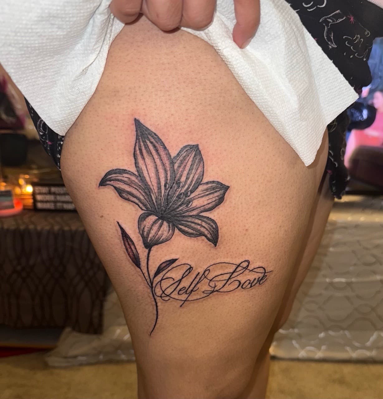 Floral + Lettering flower tattoo on Thigh by Marissa_Marie_Tatts on TattMe