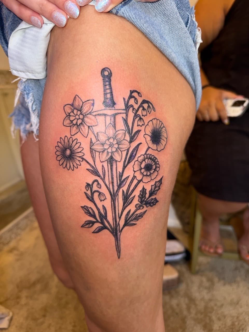 Black-work + Fine Line sword tattoo on Thigh by Marissa_Marie_Tatts on TattMe