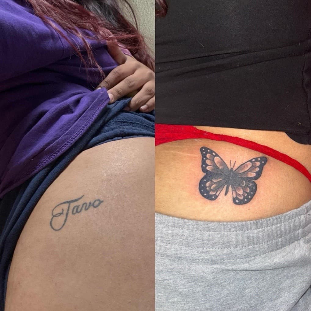 Cover-Ups + Black & Grey butterfly tattoo on Hip by Marissa_Marie_Tatts on TattMe