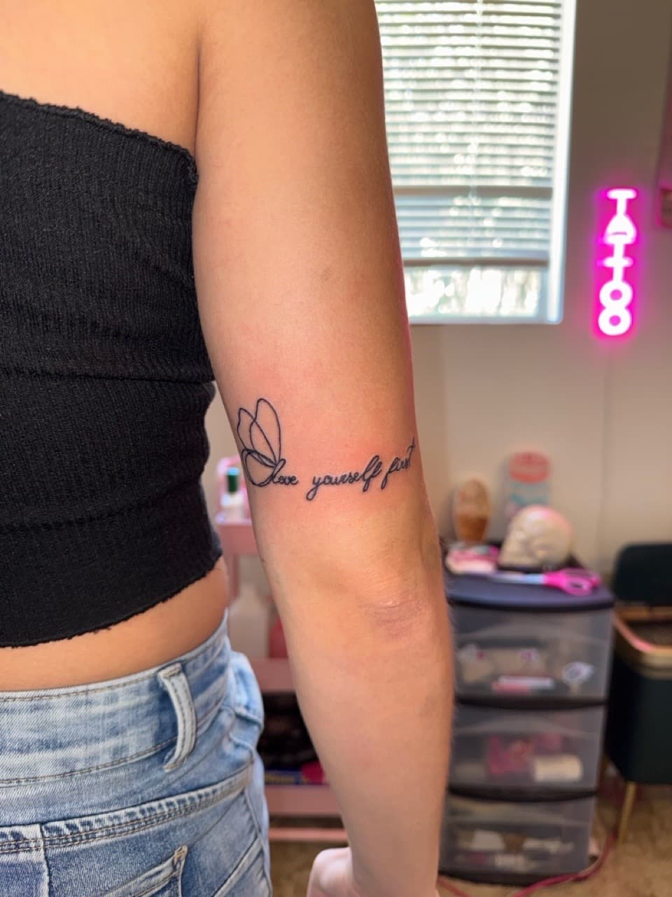 Fine Line + Black-work butterfly tattoo on Upper Arm by Marissa_Marie_Tatts on TattMe