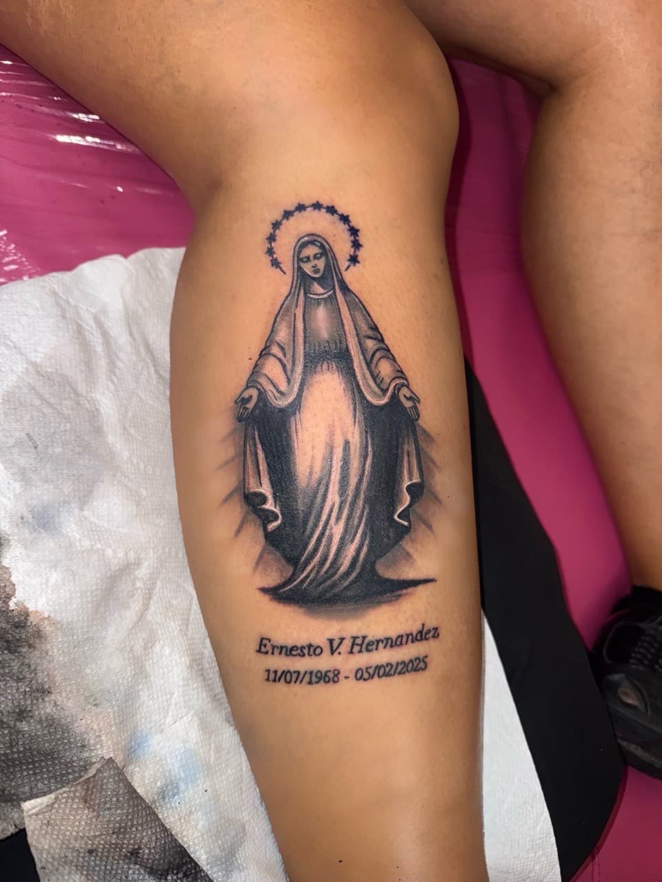 Black & Grey + Religious virgin mary tattoo on Calf by Marissa_Marie_Tatts on TattMe