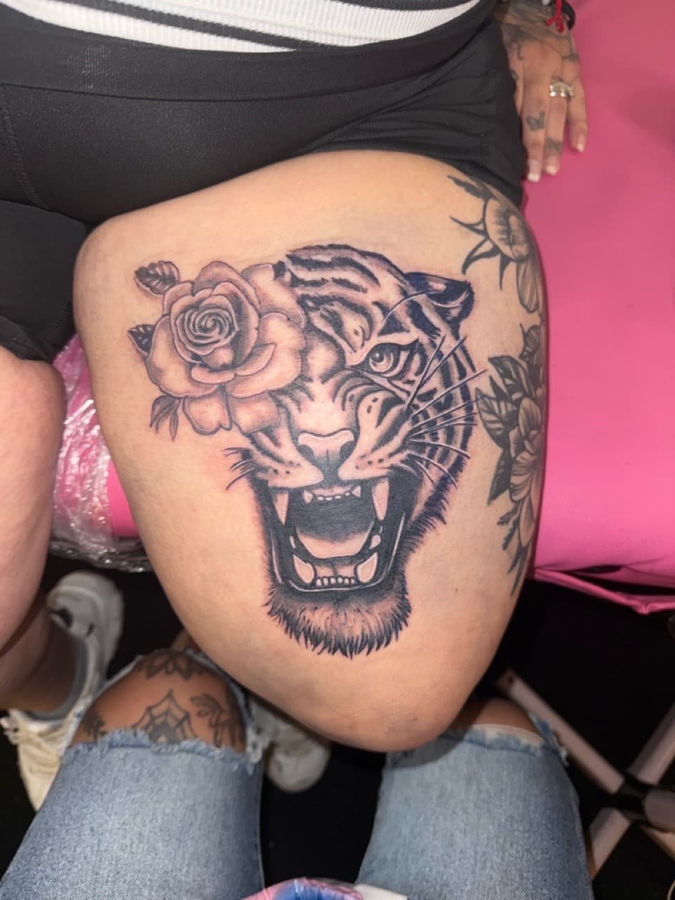 Black & Grey + Illustrative tiger tattoo on Thigh by Marissa_Marie_Tatts on TattMe