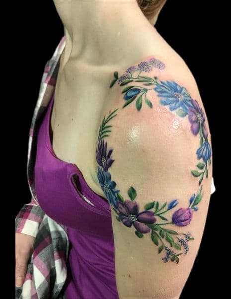Floral + Color flowers tattoo on Shoulder by Carmela_Bella on TattMe