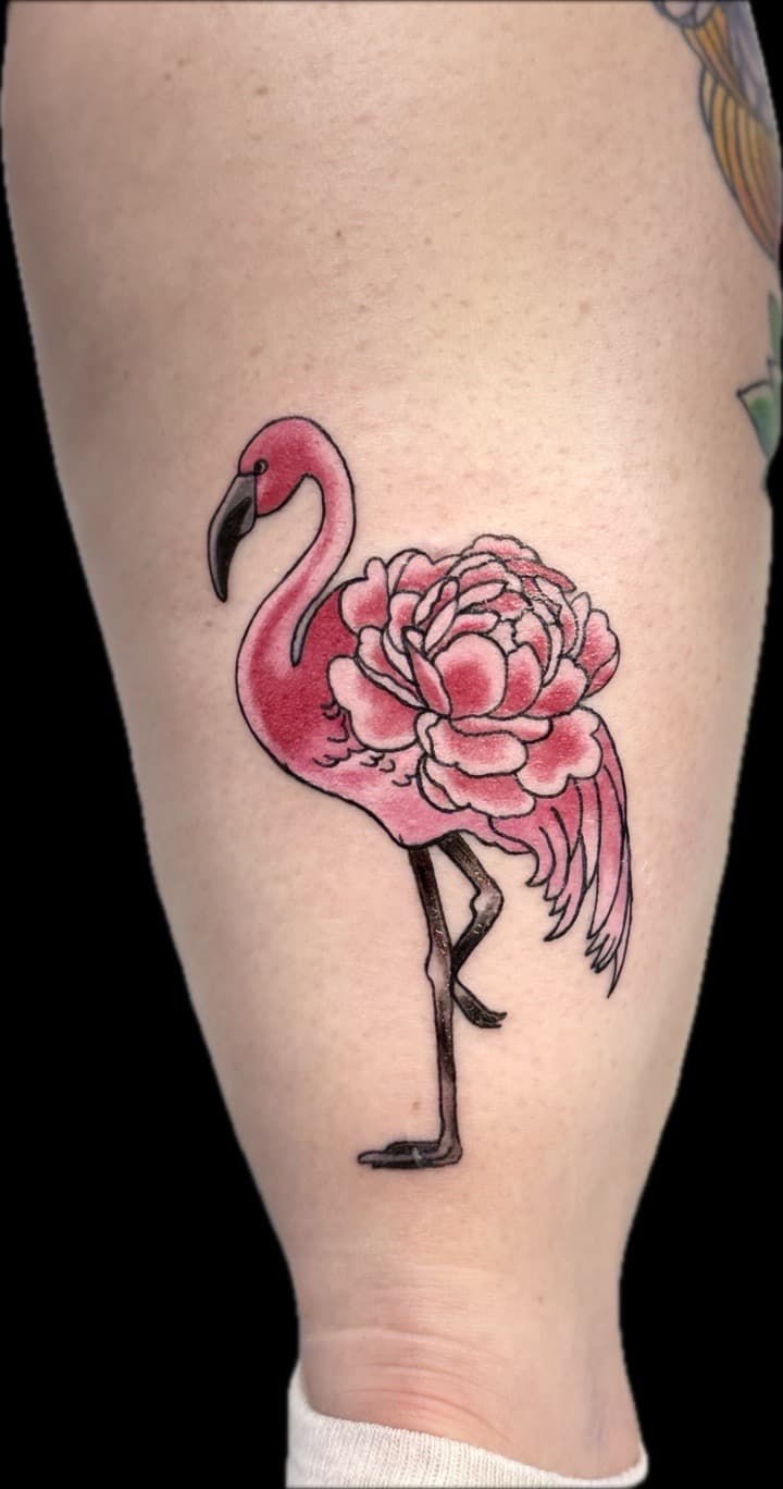 Color + Illustrative flamingo tattoo on Calf by Carmela_Bella on TattMe