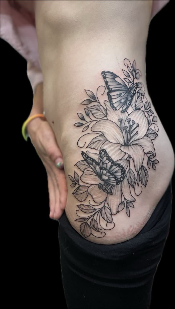 Fine Line + Black & Grey butterflies tattoo on Side (Torso) by Carmela_Bella on TattMe